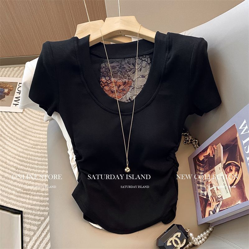 Nouveauté Été : T-shirts et hauts sexy pour femmes, à manches courtes, unis, avec patchwork en dentelle et découpes, coupe ajustée, style coréen tendance