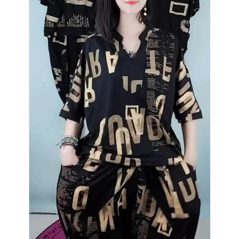 Costume femme 2025 été nouveau décontracté coréen ample imprimé hauts sarouel 2 pièces ensemble correspondant à la mode grande taille vêtements pour les femmes