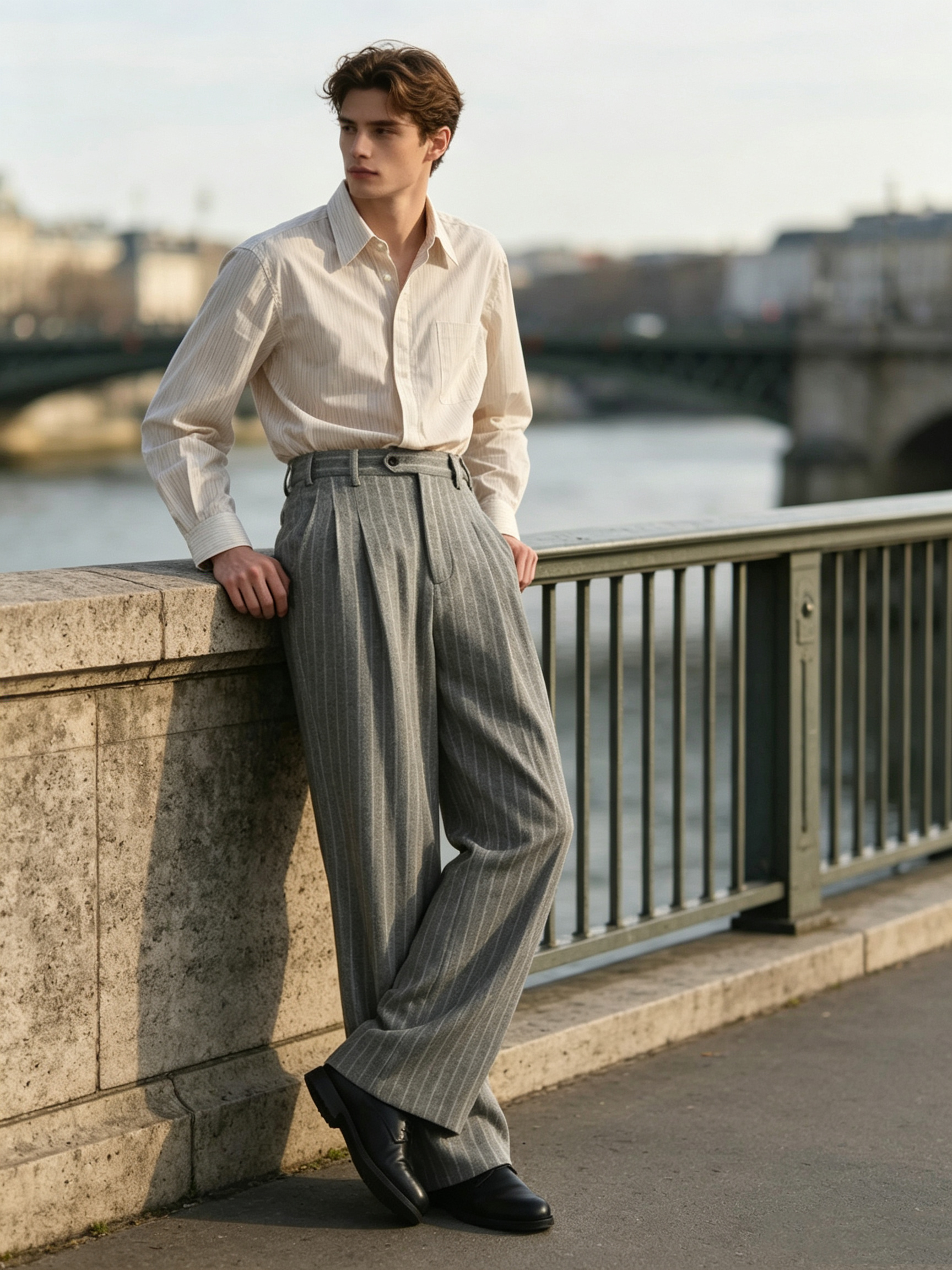Pantalon de ville rayé pour homme, style Old Money, coupe large, ample, plissé, décontracté, à fines rayures, taille élastique, vintage