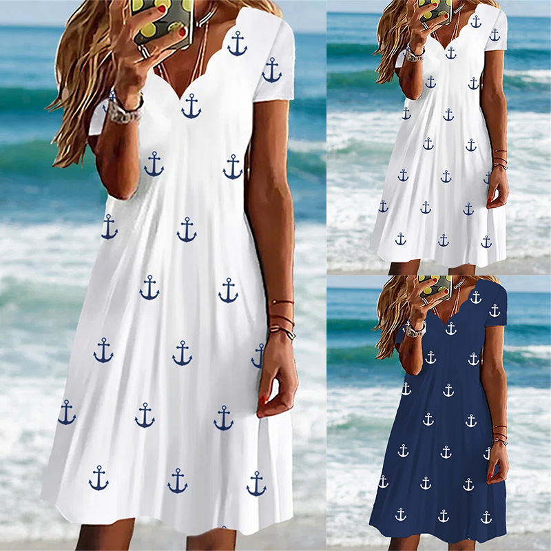 Robe trapèze décontractée à manches courtes et col en V pour femme, petit bateau, robe à commande moyenne, vague sexy, imprimé injecteur floral, style frais à la mode, été