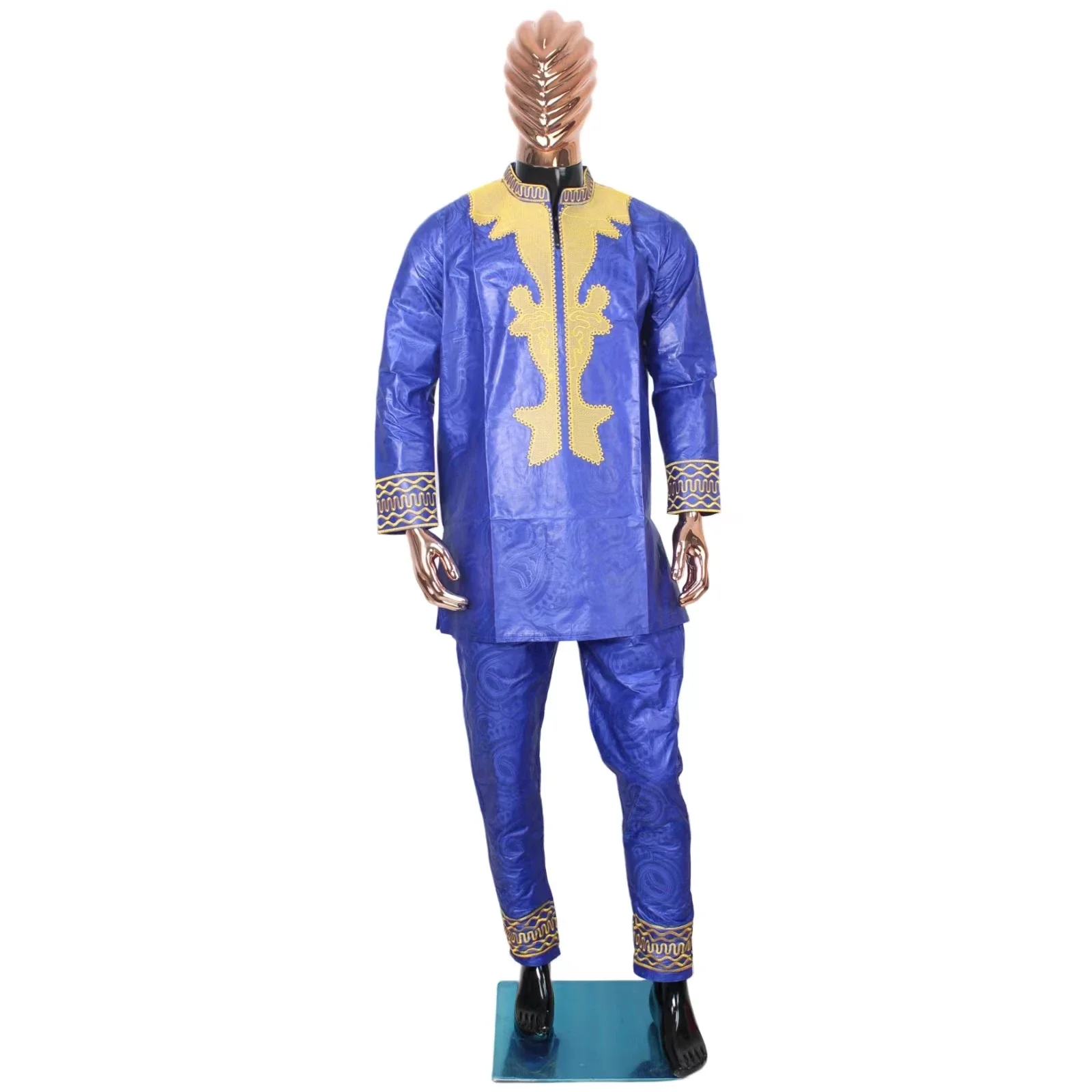 Robe africaine en bazin riche pour hommes et femmes, haut avec pantalon, motif de broderie