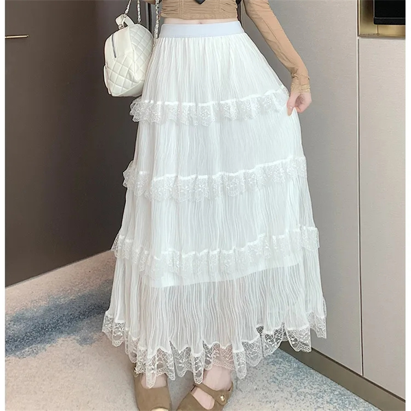 Jupes en mousseline de soie pour femmes, Vintage, taille haute, élastique, Patchwork, blanc, noir, Chic, longue gâteau, jupe trapèze pour étudiantes, printemps été