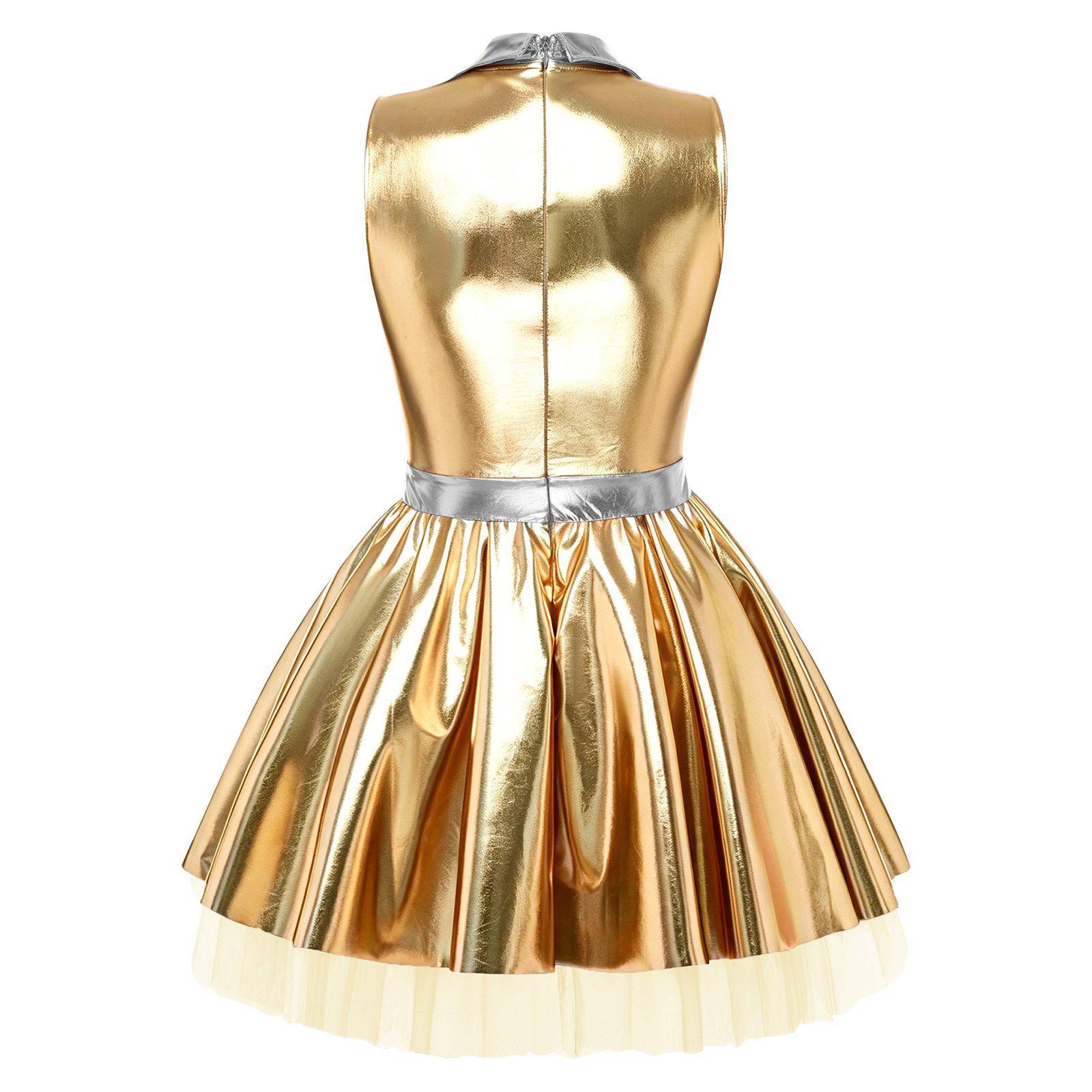 Robe disco pour femme, col en V, sans manches, coupe trapèze avec couches de tulle, mini-robe tutu métallique pour boîte de nuit et pole dance