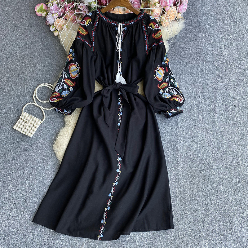 Robe Trapèze Brodée à Manches Bouffantes pour Femme, Col Rond, Taille Haute, Style Ethnique, Dropshipping