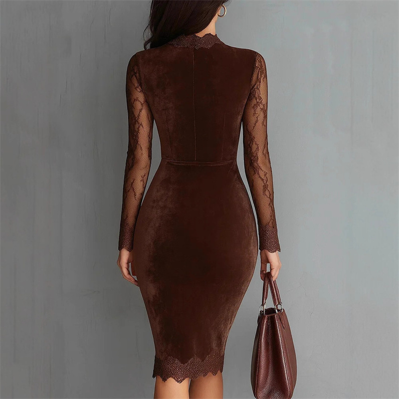 Robe longue élégante et sexy en dentelle transparente à manches longues pour femme, décontractée, col en V, avec volants et patchwork en dentelle, style moulant
