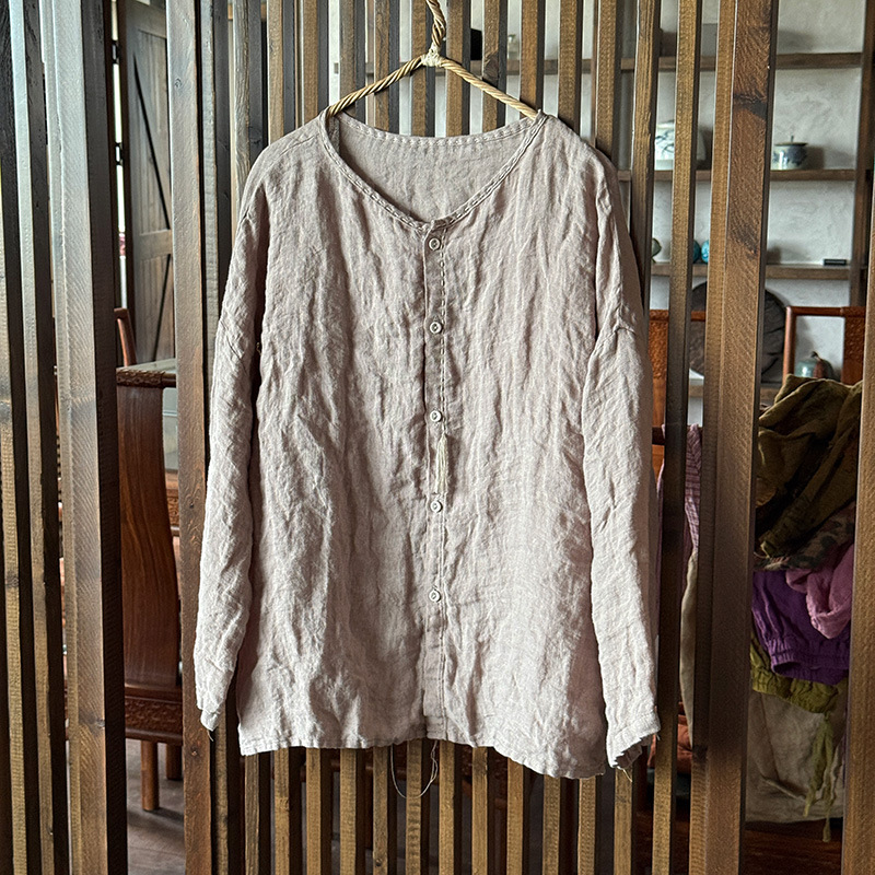 Chemisier Ramie en coton à manches longues pour femmes, chemises décontractées à simple boutonnage, grande taille, col rond, haut de haute qualité, printemps et été