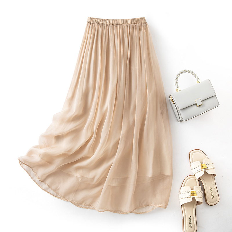 Winsleter - Jupes élégantes 100 % soie véritable pour femme, taille élastique unie, jupe de bureau féerique au tempérament français, été 2025 B56433CC