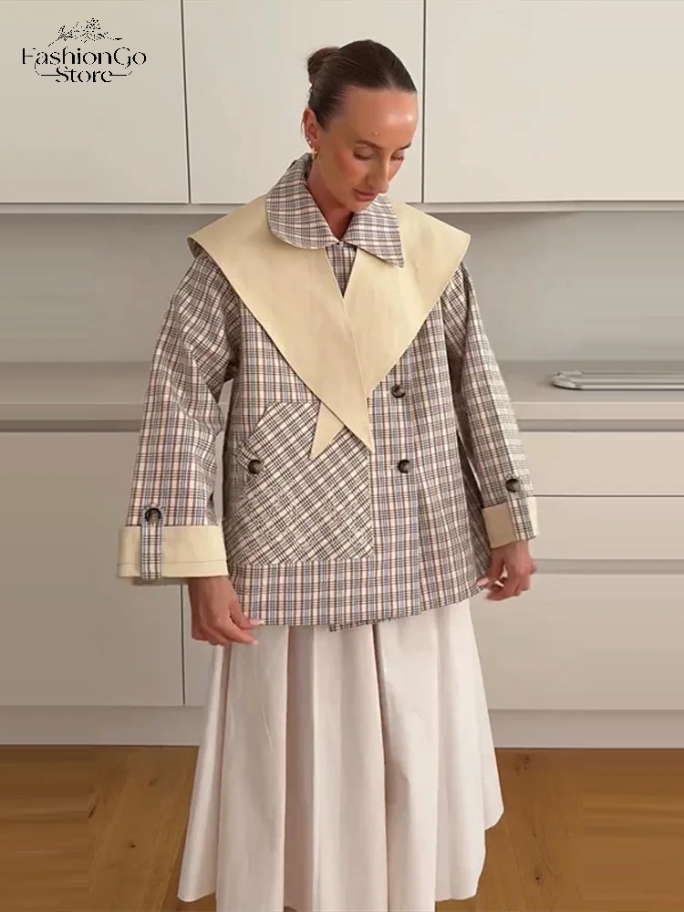 Veste courte pour femme à carreaux et patchwork, double boutonnage, manches longues, col marin contrastant, poches, coupe ample, décontractée, 2026