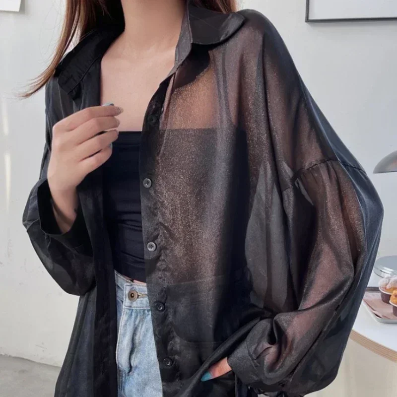 Chemise à manches longues en mousseline de soie pour femmes, haut décontracté, cardigan d'été, mince, sexy, solide, document