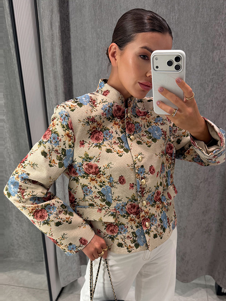 Manteau Chic Imprimé pour Femme, Manches Longues, Col Montant, Boutonnage Simple, Poches, Collection Automne 2026, Vêtement d'Extérieur Tendance pour Femme
