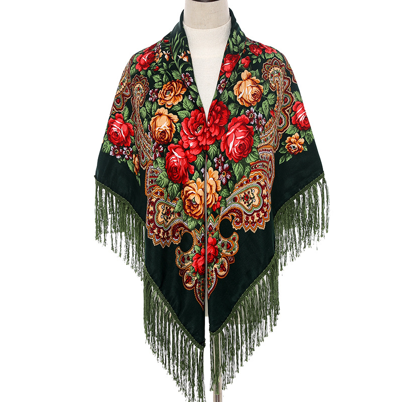 Grand foulard carré de Style russe pour femmes, châle rétro à franges en coton imprimé, enveloppes Hijab, châles ethniques, Bandana, 135x135cm