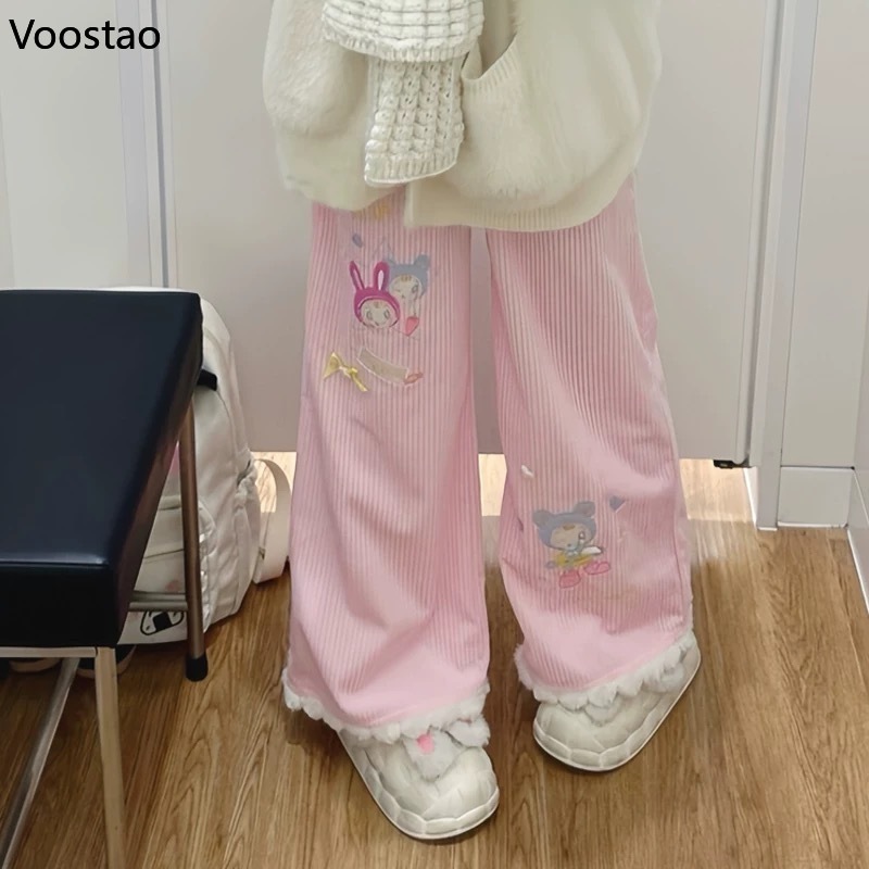 Pantalon en velours côtelé Style Lolita japonais Kawaii pour femmes, doux et mignon, broderie de dessin animé, pantalon décontracté, pantalon de survêtement de sous-culture Harajuku