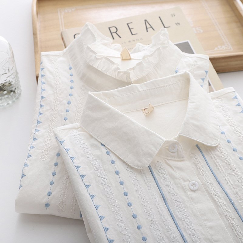 Chemise blanche en coton brodé pour femme, manches longues, col rabattu, froncé, chemisier décontracté, vêtements de travail pour femme de bureau, printemps, automne, nouveau