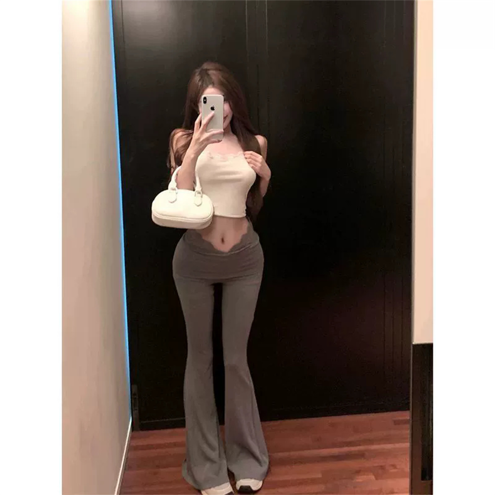 2025 mode coréenne nouvelle dentelle taille haute mince pantalons décontractés femmes vêtements Flare pantalon Streetwear femmes pantalon noir