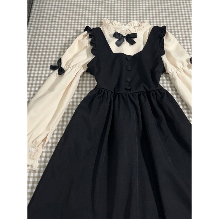 Robes Vintage à manches longues avec nœud en Patchwork + robe gilet noire sans manches pour femmes, nouveaux ensembles deux pièces printemps 2026