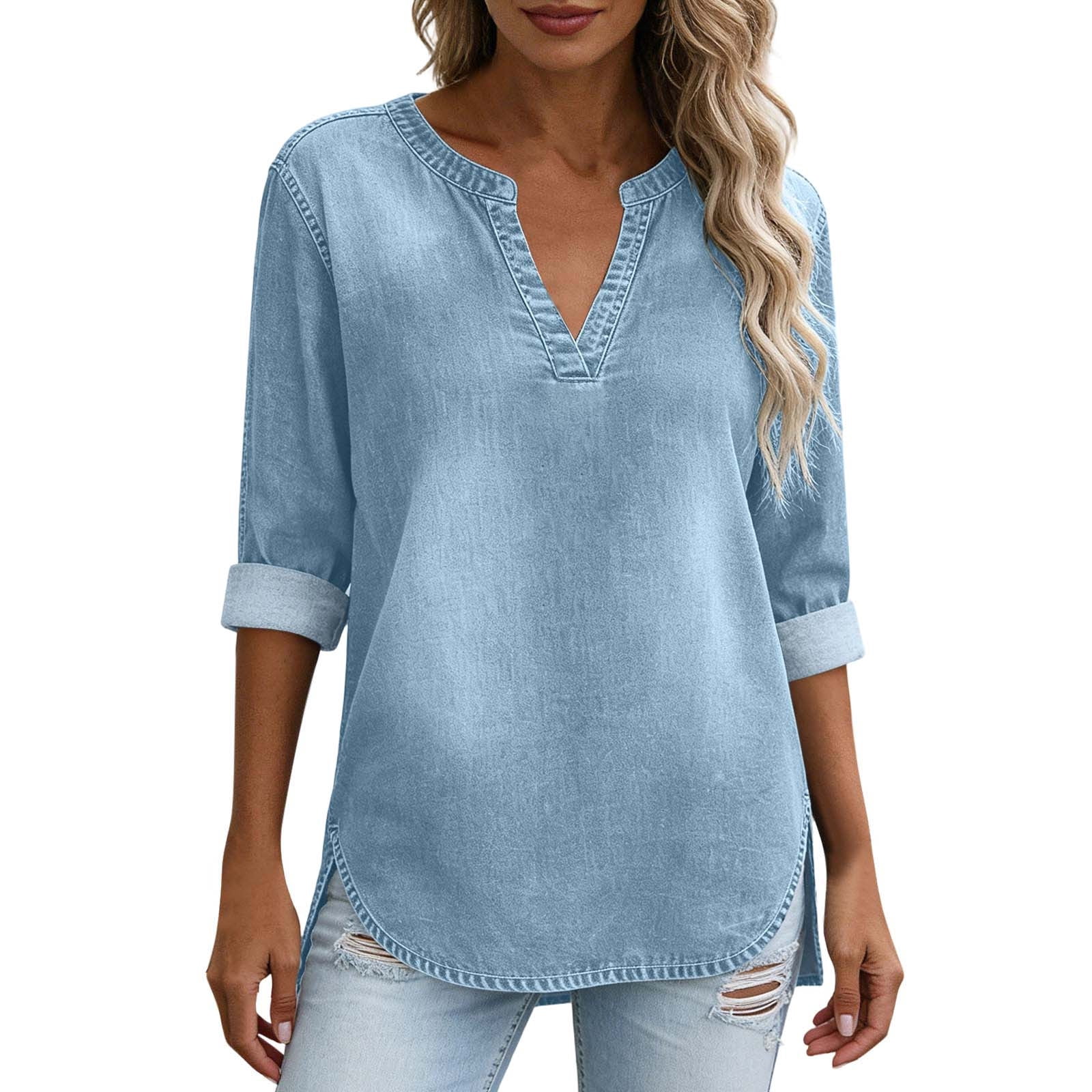 Chemisier en jean tendance pour femme, style vintage délavé, col en V, manches 3/4, hauts décontractés pour le travail, tunique fendue sur le côté, blouses amples pour le bureau