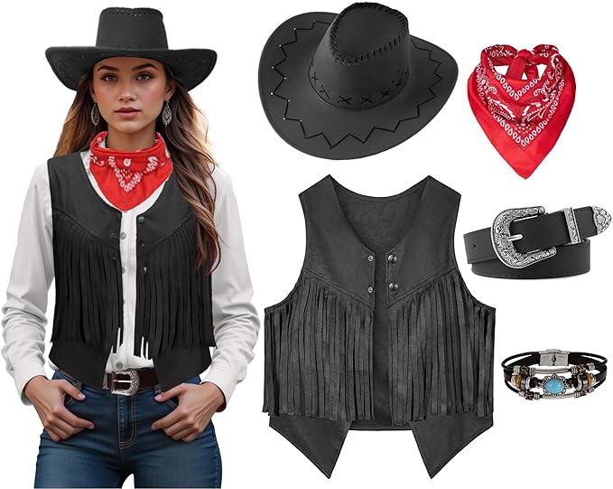 Costume de Cowgirl pour femmes et hommes, gilet occidental, chapeau, ceinture, ensemble Bandana pour Cowboy, glands, gilet à franges, tenues d'halloween, Cosplay du Wild West