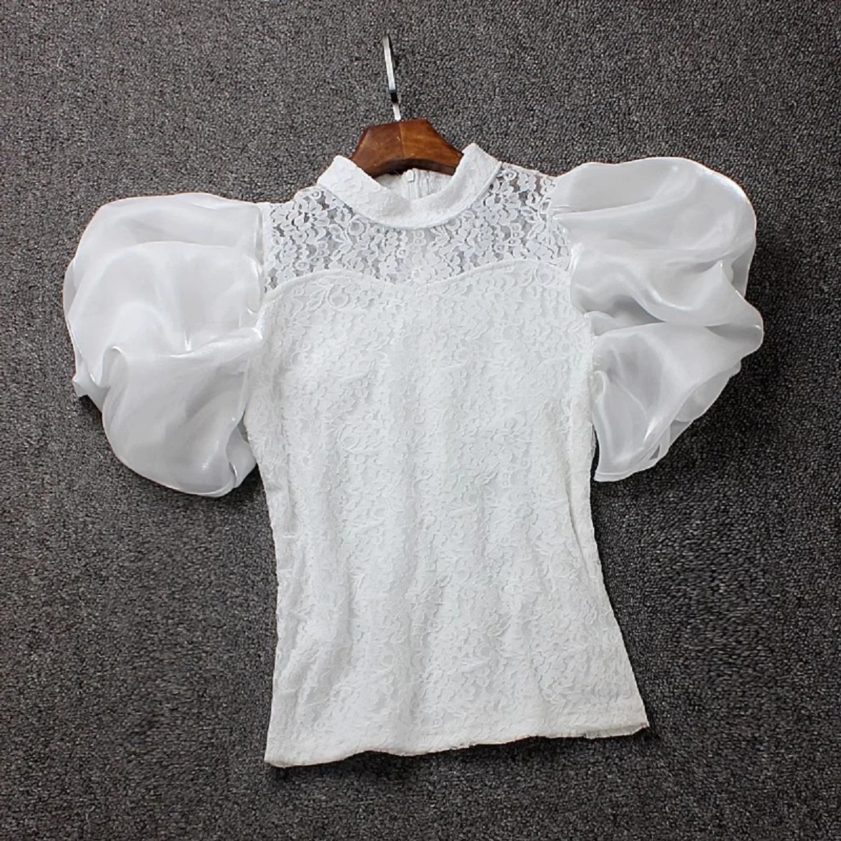 Chemisier en maille à volants pour femmes, mode coréenne, chemise à manches courtes lanterne, vintage, solide, col rond, t-shirt décontracté, été