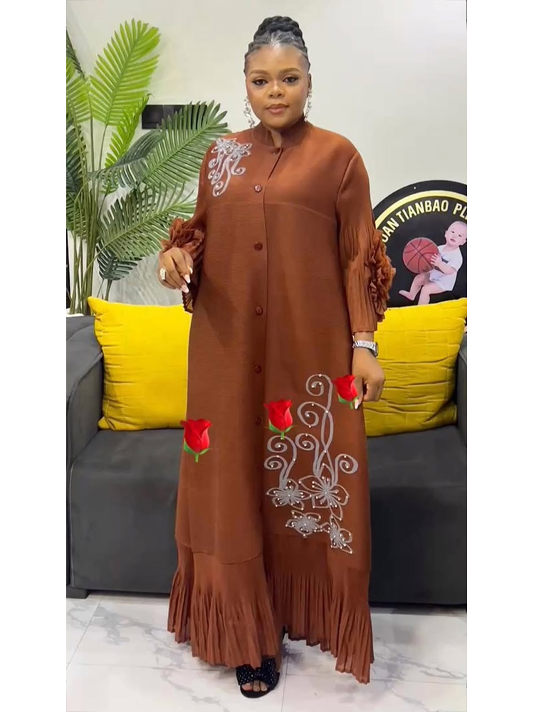 ANLAN mode imprimé robe longue plissée femmes revers manches florales conception simple boutonnage robes trapèze 2025 été nouveau 5AN6018