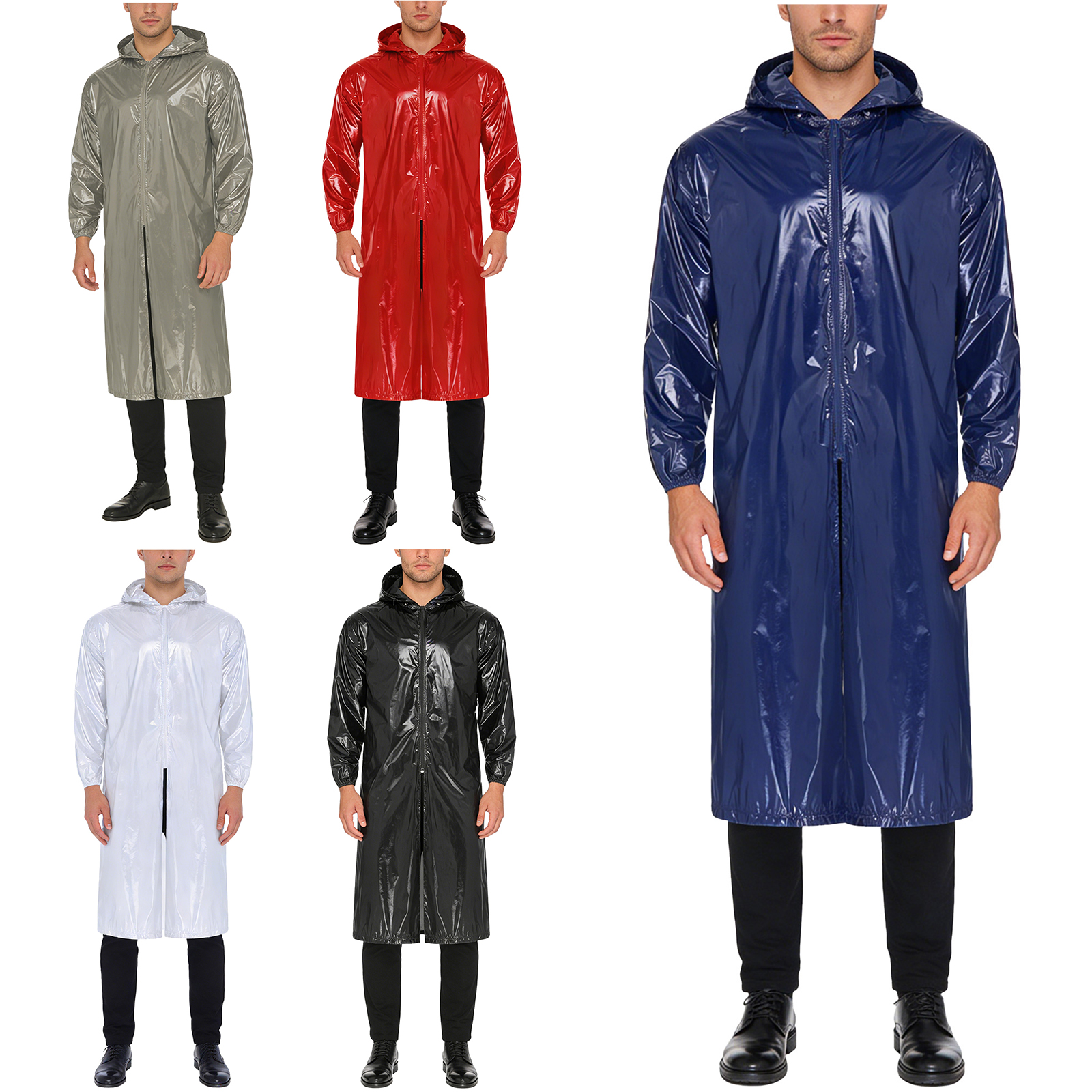 Veste longue imperméable à capuche pour homme, manches longues, fermeture éclair sur le devant, imperméable léger, vêtements de travail, poncho, manteau pour la randonnée, les jours de pluie, le travail