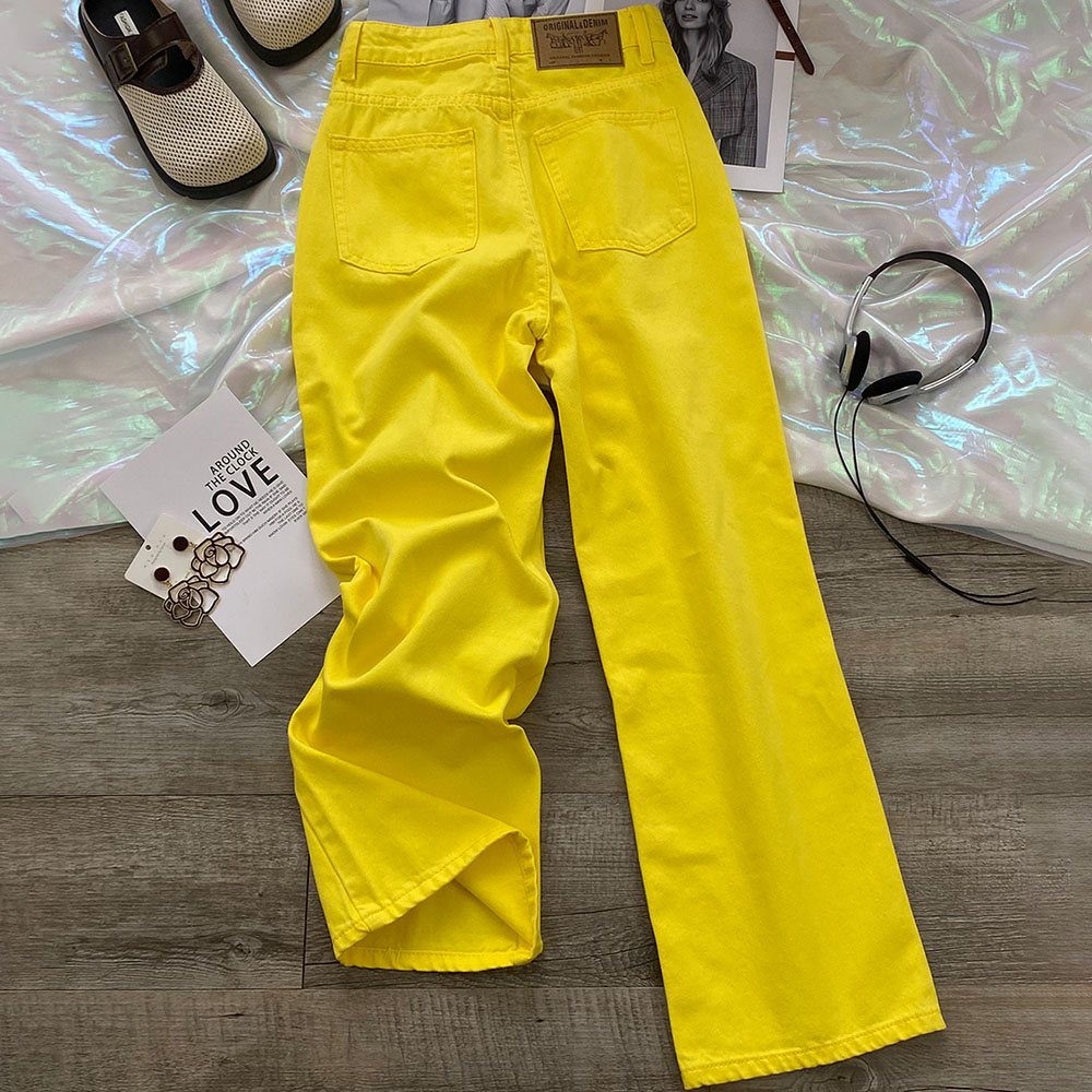 Jean jaune citron pour femme, pantalon droit, ample, taille haute, complet, tendance, jambes larges, nouvelle collection automne 2025