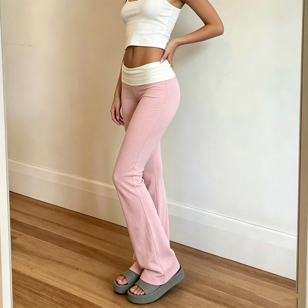 Pantalon évasé pliable pour femme, style décontracté, couleur contrastante, taille élastique, coupe cloche, streetwear Y2K ﻿