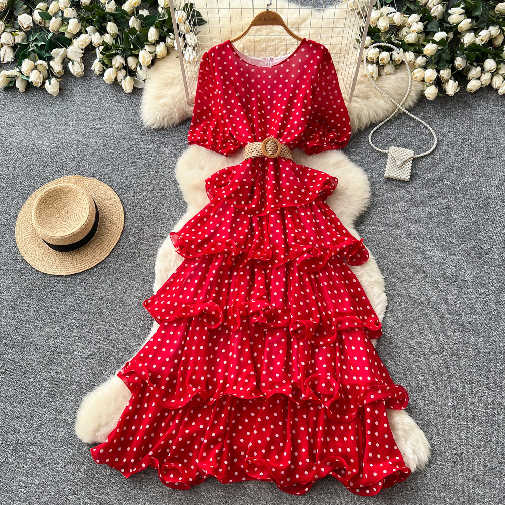 Robe longue pour femme, coupe trapèze, style Y2K streetwear, col rond, manches courtes, imprimé à pois, élégante pour soirée, fête, travail, 2026