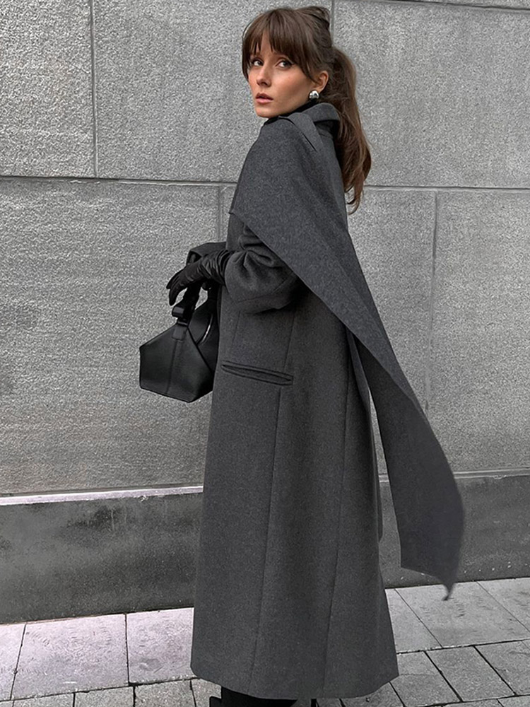Élégant grand col écharpe femmes pardessus décontracté solide Double boutonnage poches manteaux 2025 automne nouvelle dame trajet vêtements d'extérieur ﻿