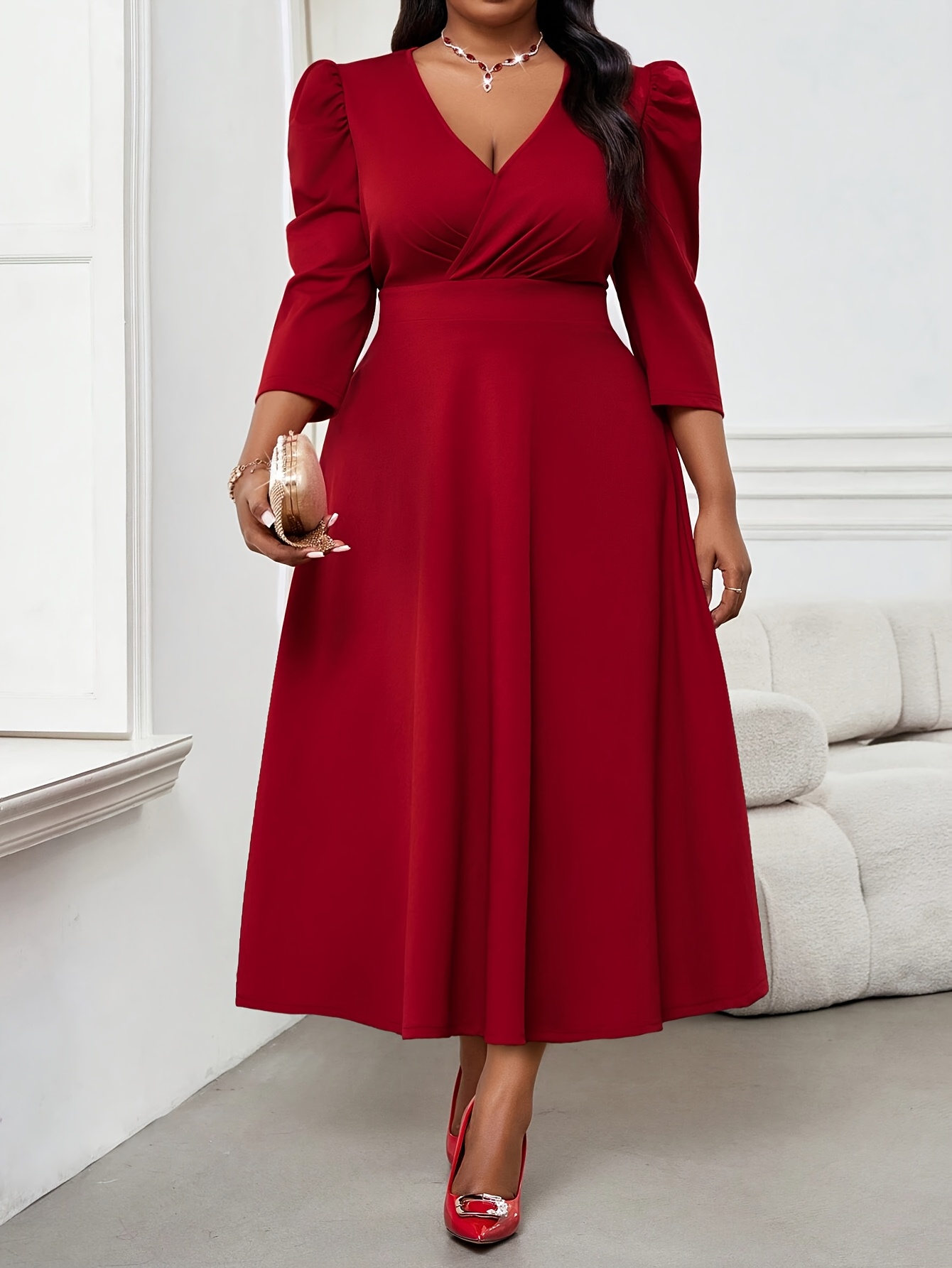 Robe longue élégante rouge grande taille pour femme 2026, manches 3/4, taille haute, coupe trapèze, automne-printemps, pour le bureau ou les soirées