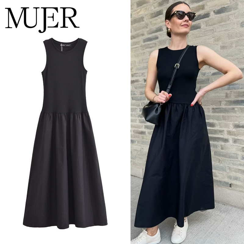 MUJER noir plissé longues robes pour femmes tricoté sans manches robe Maxi femme Vintage fête femmes robes printemps tenue décontractée
