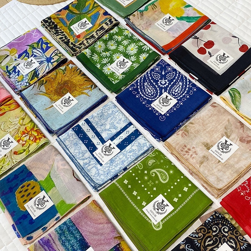 Foulard carré 100% coton pour femmes, imprimé, avec rubans, bandeaux, bandana, foulard de poignet, foulard pour sac, foulard pour le cou