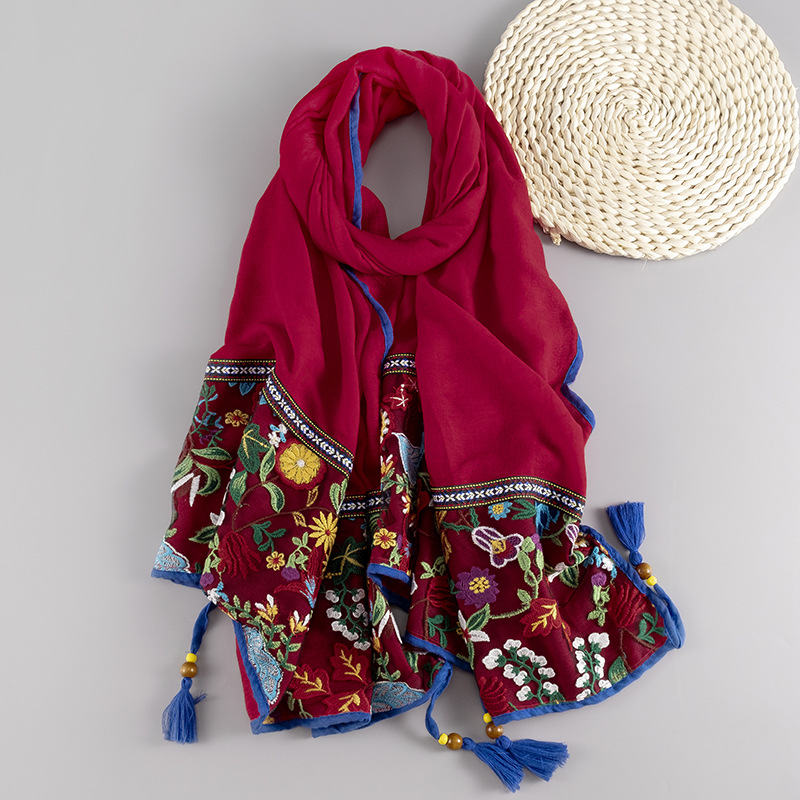 Foulard d'hiver brodé ethnique pour femmes, longue écharpe élégante à fleurs, châle Hijab musulman, beau voyage 85x180cm