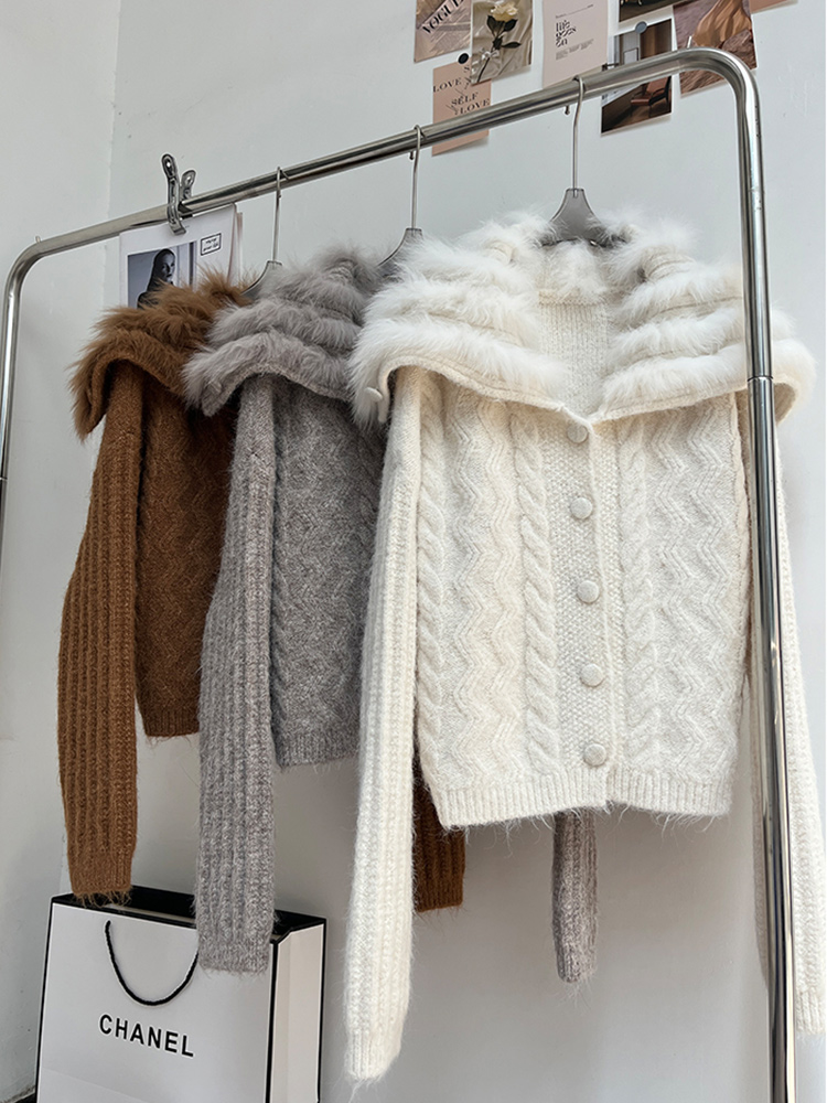 Automne femmes manteau tricoté Cardigan pull réel naturel fourrure de renard rayure col de luxe femme manches longues vestes