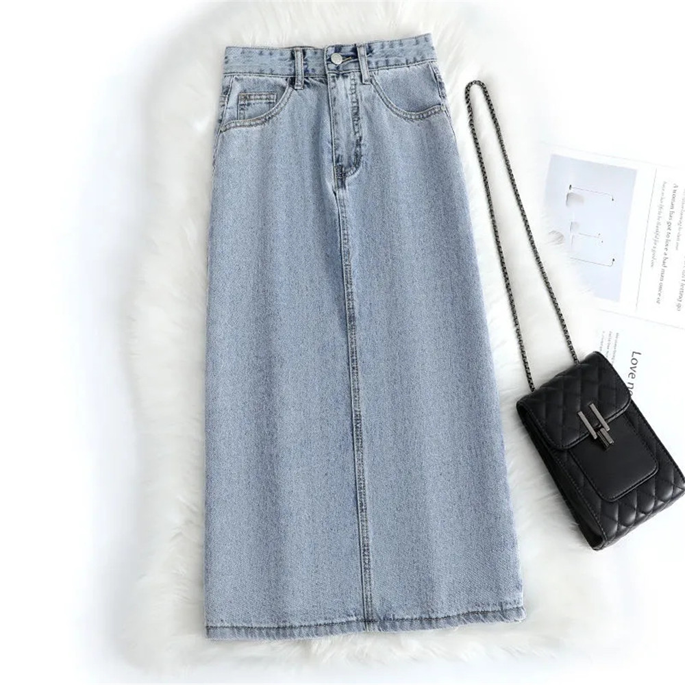 Femmes Denim jupe printemps une ligne été taille haute ample ourlet fendu bleu foncé Chic décontracté Streetwear Jean Midi jupe Streetwear