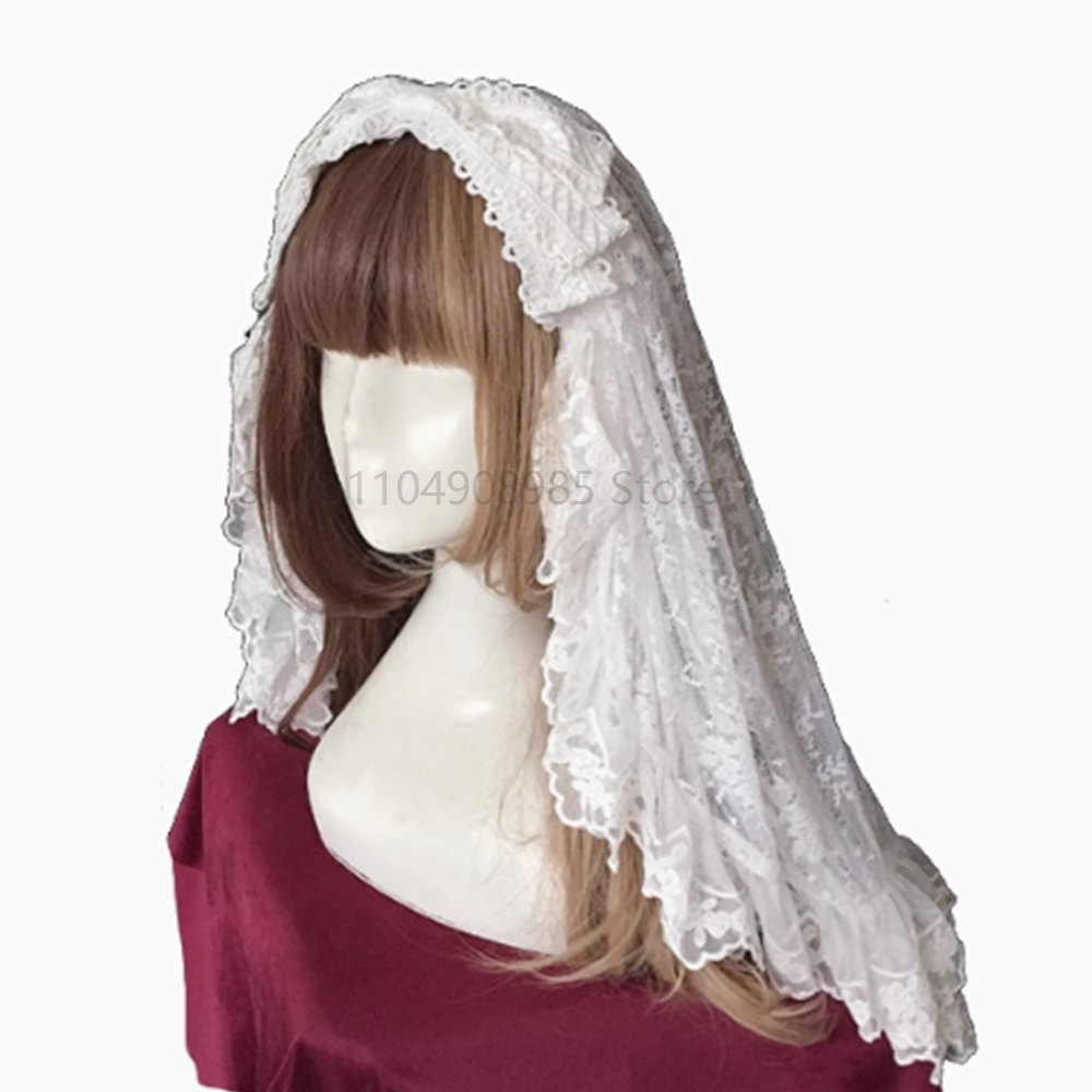 Voile gothique Lolita noir et blanc, longueur coude, maille superposée, écharpe pour cheveux brodée, bandeau en dentelle à la mode