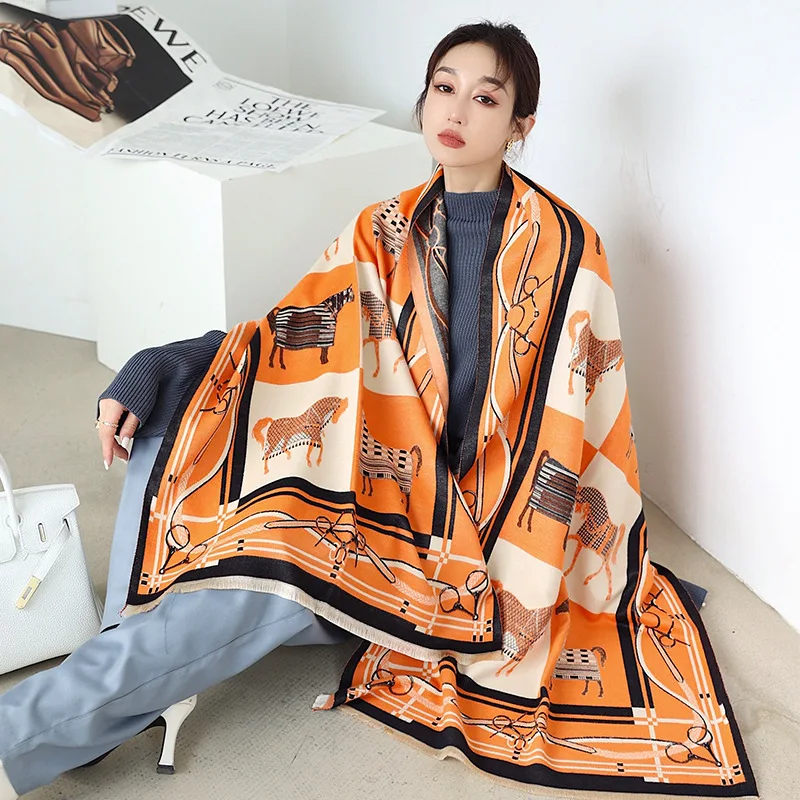 Écharpe en cachemire pour femme, Pashmina chaud, Foulard Lady Horse, Optique féminine, Châles doux, Wraps, Couverture, Marque de luxe, Hiver