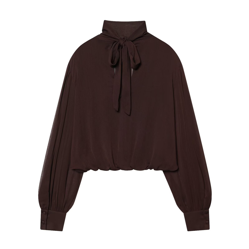 Chemisier noir à col papillon pour femmes, haut court en mousseline de soie à manches bouffantes transparentes pour fête et bureau