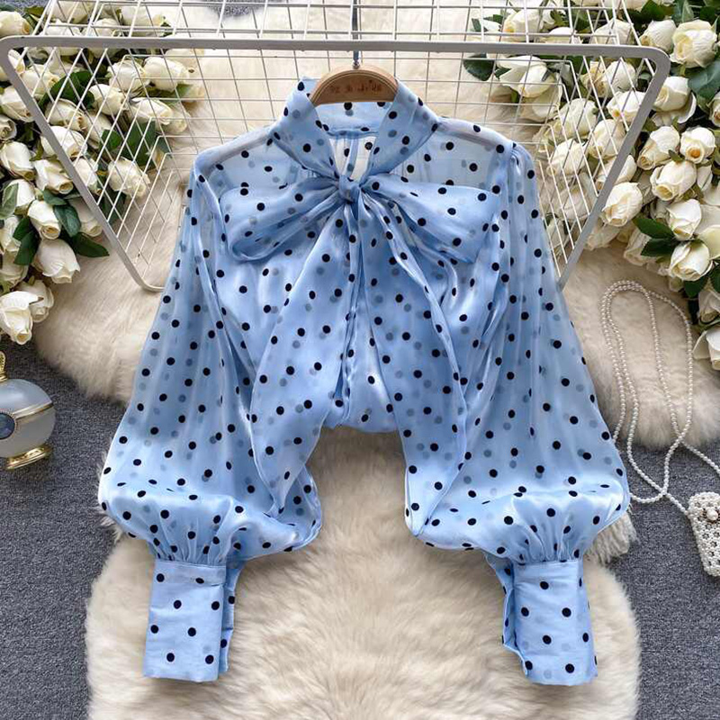 Chemisier Femme Printemps Automne Tendance Rétro Français Décontracté Haut de Gamme à Pois avec Manches Bouffantes et Nœud S263