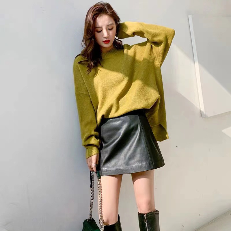 Jupe en cuir de mouton pour femme, nouvelle collection 2026, taille haute, mini-jupe slim printemps-automne, short en cuir véritable, bottes Y2K
