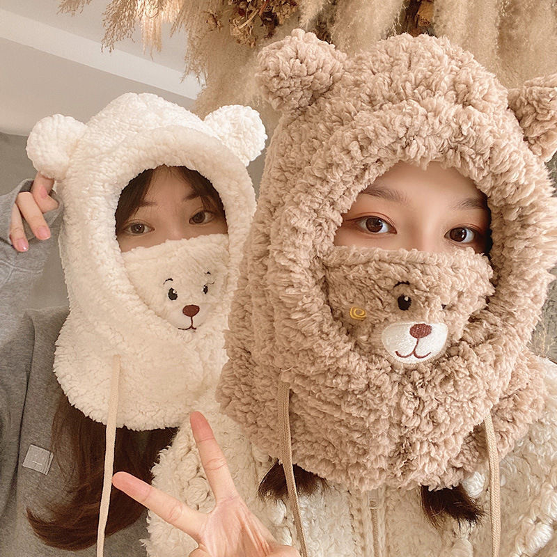 Chapeau de dessin animé d'hiver avec masque ours agneau bonnet chapeaux chaud épaissi Protection des oreilles Skullies bonnets pour femmes fille Kawaii
