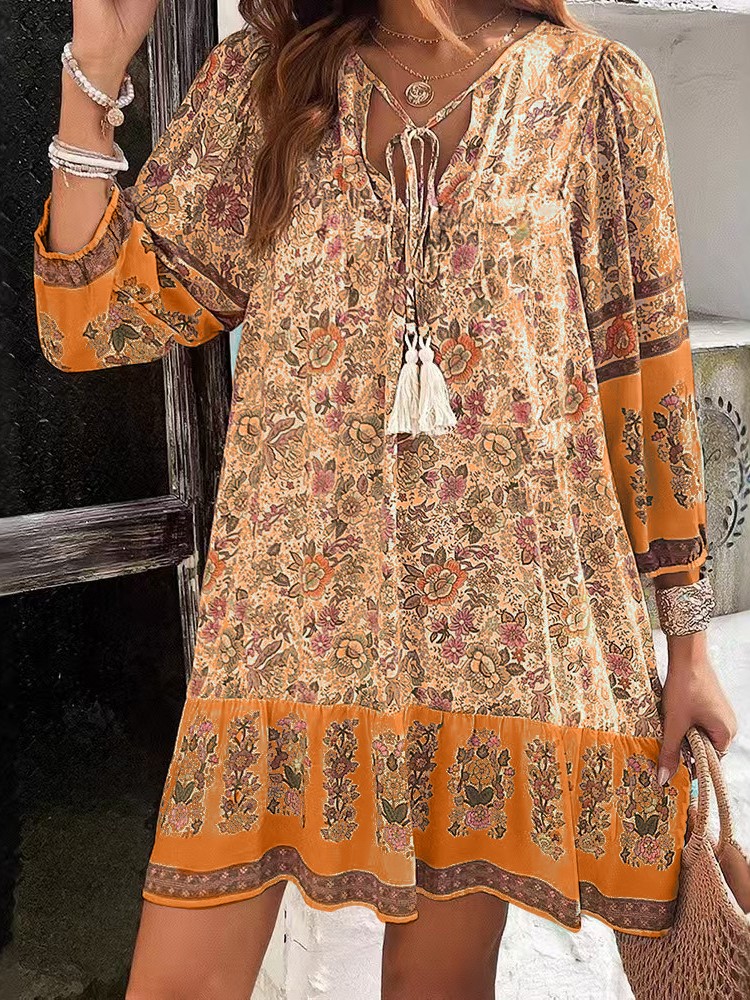 Robe ample imprimée décontractée pour femmes, mode manches longues, col en V, à lacets, Vintage, pull, style Boho, vêtements de vacances pour femmes