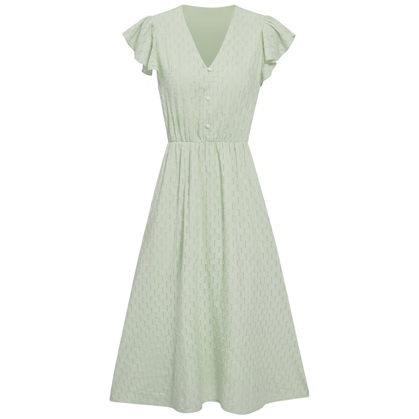 Robe longue d'été style Boho pour femmes, à volants, manches courtes, élastique, taille haute, col en v, boutonnée, couleur unie, décontractée, robes de plage