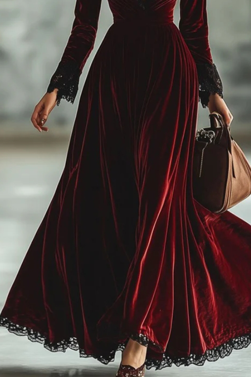 Robe de soirée élégante en velours pour femmes, décontractée, Sexy, col en v, Vintage, couleur unie, ourlet en dentelle, taille haute, plissée, ligne a, automne