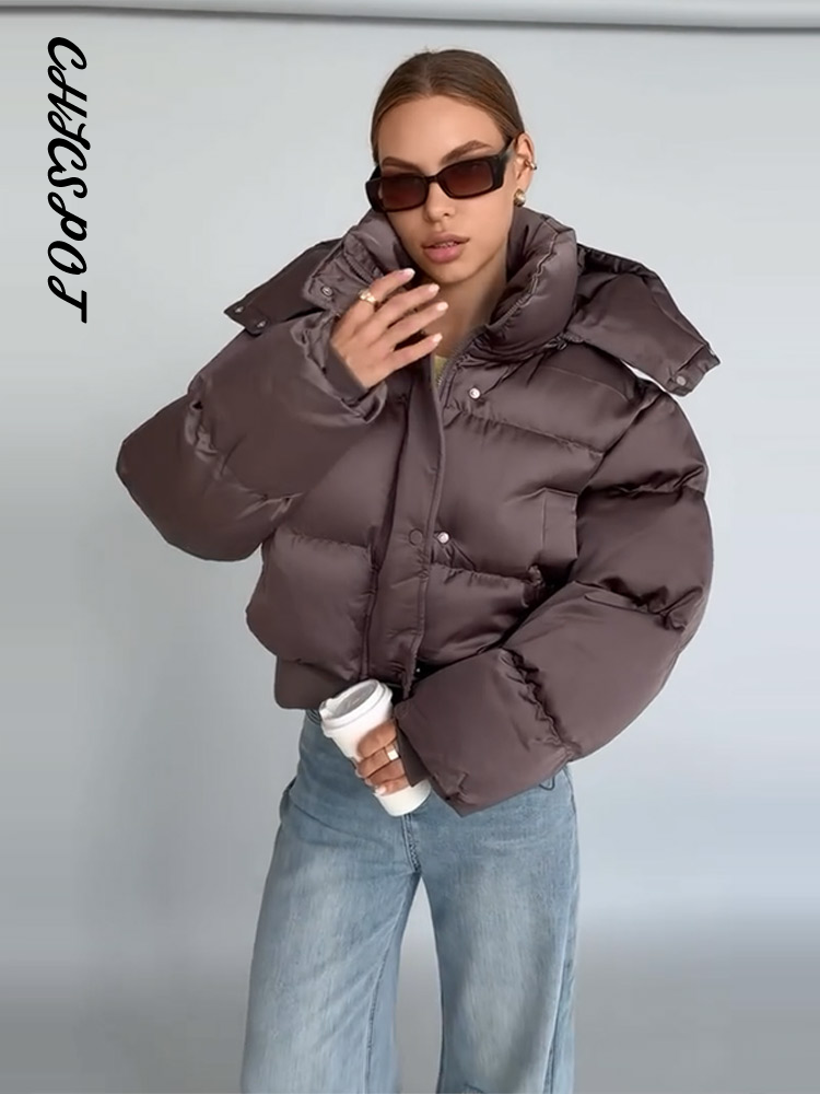 Vestes matelassées pour femmes, à capuche, col montant, fermeture éclair, manteaux courts d'hiver, manches lanternes, veste ample unie, nouvelles vêtements d'extérieur