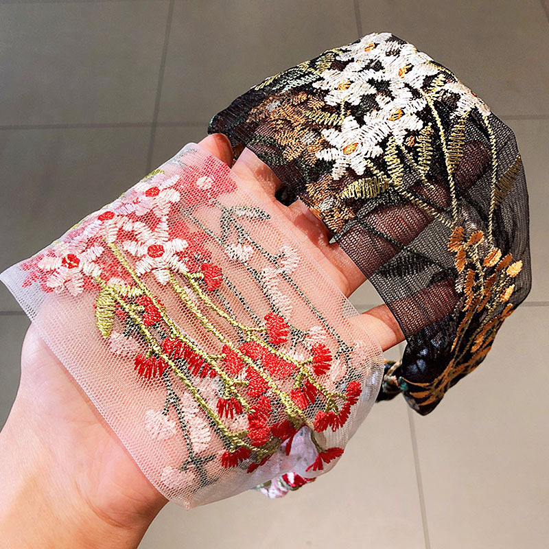 Serre-têtes élastiques pour femmes, brodés de dentelle florale, en mousseline, avec nœuds croisés, accessoires pour cheveux