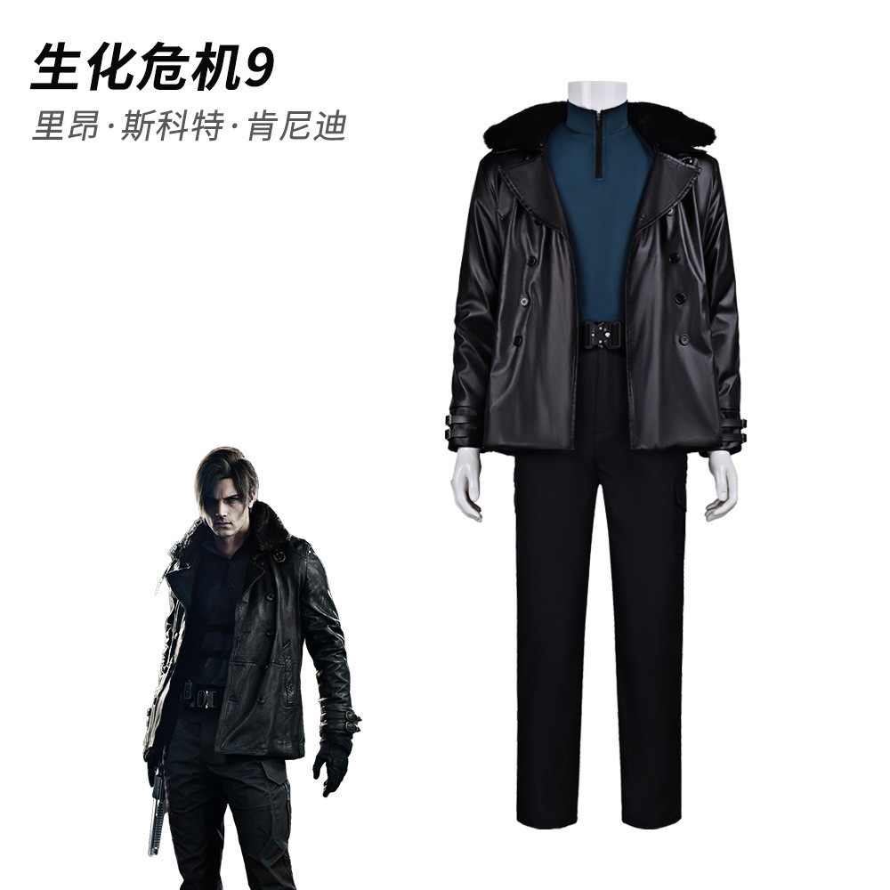 Costume de cosplay Resident Evil, film d'horreur, Leon Kennedy, ensemble complet, manteau, ceinture et perruque, tenue de jeu pour Comic Con, Halloween, jeu de rôle