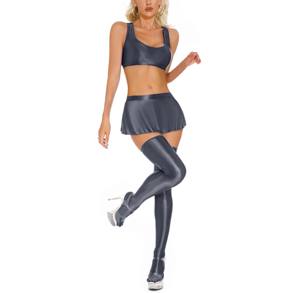 Ensembles de vêtements unis et lisses pour femmes, costumes de spectacle de danse sexy pour filles, mini-jupes brillantes + hauts courts + bas