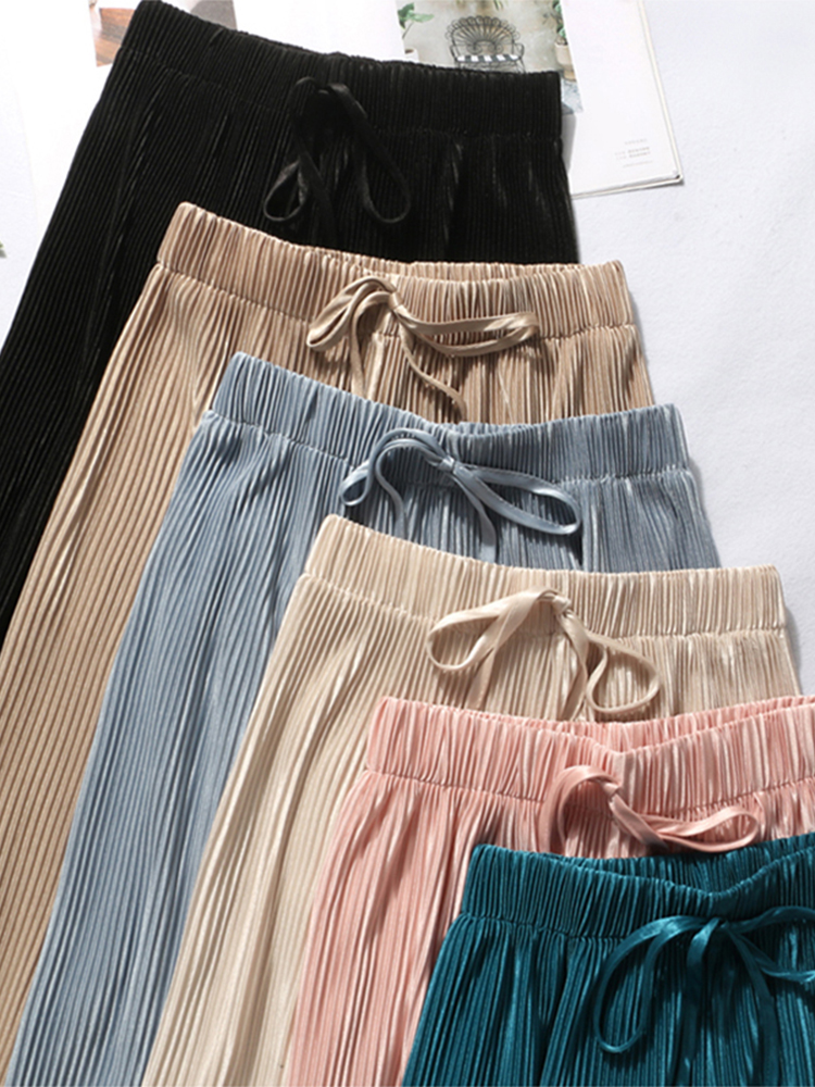 Pantalon d'été à jambes larges pour femmes, décontracté, élastique, taille haute, nouvelle mode, adt, long, plissé, fjFemme, 2020