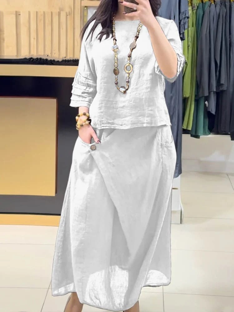 Ensemble jupe deux pièces pour femmes, hauts amples et solides, pull-over, chemise, costumes, poches décontractées, jupes chics, taille haute, Streetwear, tenues d'été