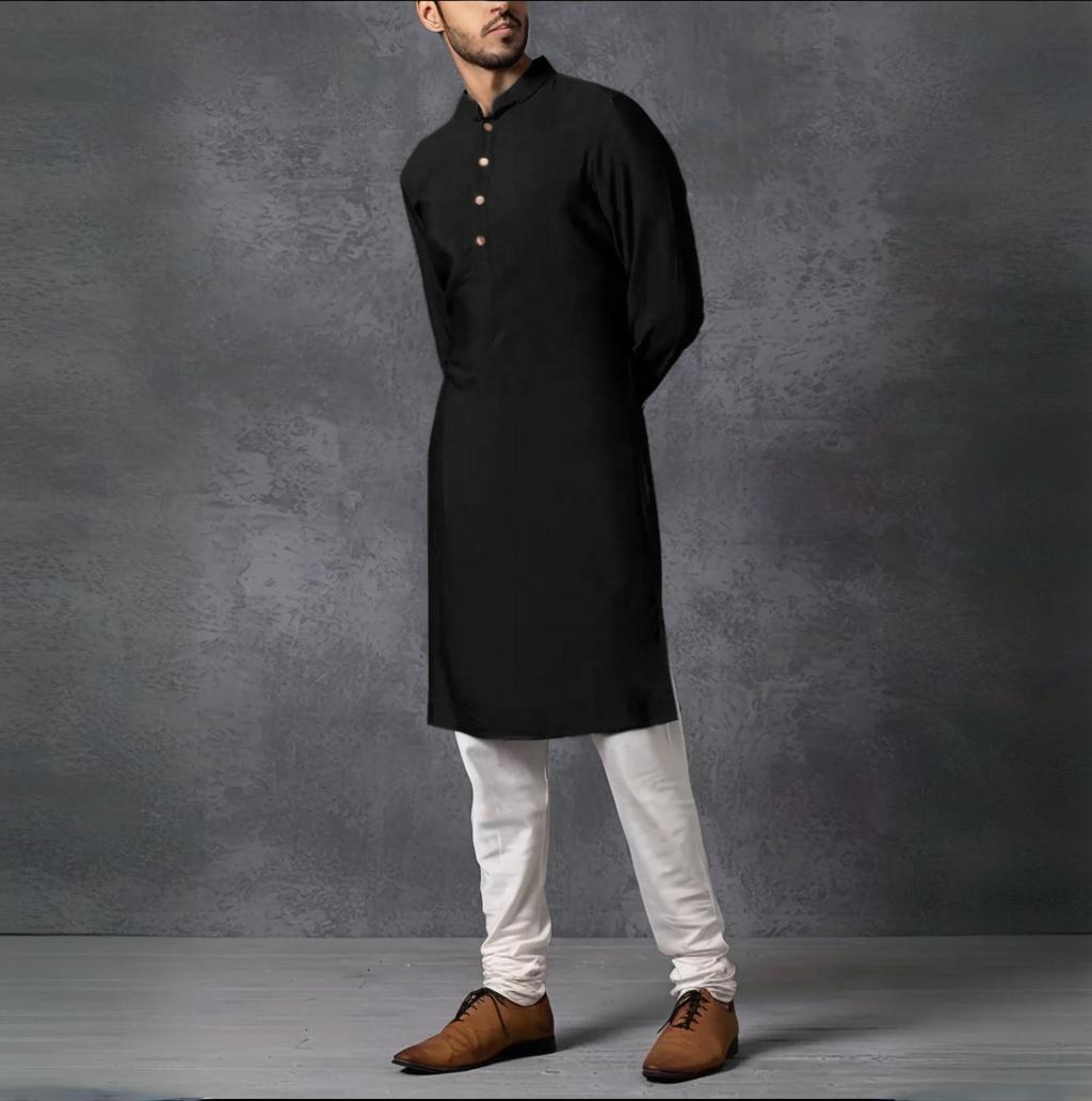 Robe musulmane noire à col montant pour hommes, mi-longue, personnalité décontractée, mode, chemise de couleur unie, vêtements traditionnels pour hommes